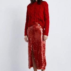 Zara red sequin midi skirt